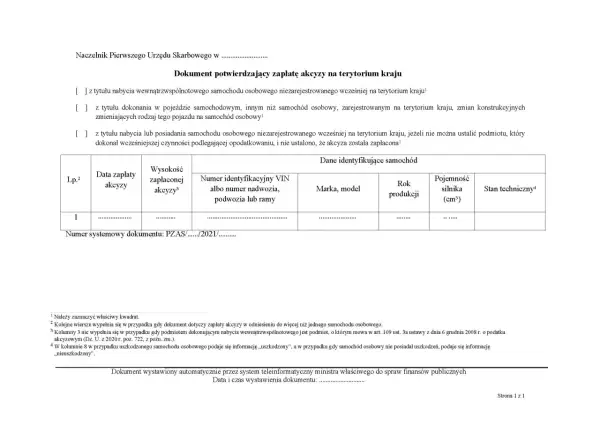 Dokument potwierdzający zapłatę akcyzy po VIN. Tabela zawiera dane identyfikujące samochód, w tym numer VIN, markę, model, rok produkcji i pojemność silnika.