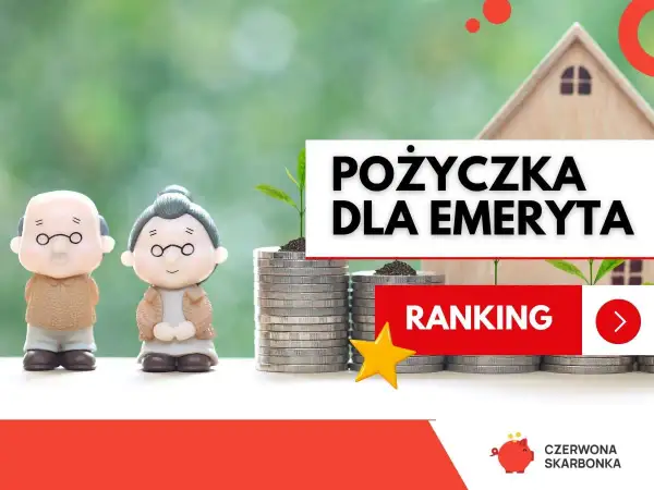 Figurki emerytów obok stosów monet i domku. Napis "Pożyczka dla emeryta" i "Ranking". Szukasz pozyczka bez bik?