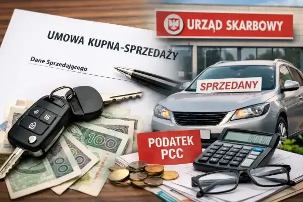 Umowa kupna-sprzedaży auta, kluczyki, pieniądze i kalkulator obok znaku Urzędu Skarbowego. Podatek PCC od kupna samochodu online.
