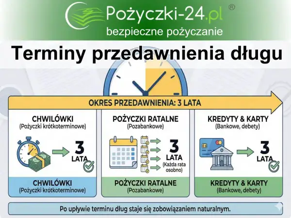 Grafika wyjaśnia terminy przedawnienia długu: chwilówki, pożyczki ratalne i kredyty/karty mają 3 lata na przedawnienie.