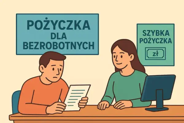 Mężczyzna czyta dokumenty, szukając pożyczki na dowód bez zaświadczeń dla bezrobotnych. Kobieta za biurkiem oferuje szybką pożyczkę.