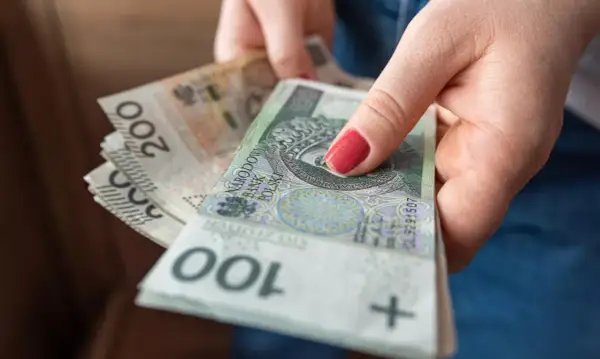Dłonie trzymają stos polskich banknotów 100 i 200 zł. Może to być przygotowanie do przelewu podatkowego lub innej płatności.