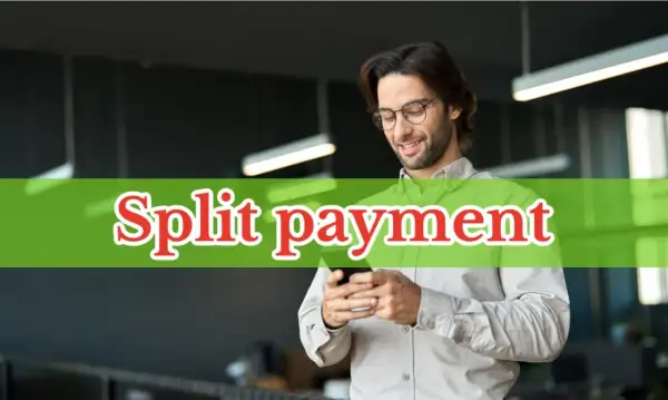 Mężczyzna z telefonem, na zielonym tle napis "Split payment". To może być związane z załącznikiem nr 15 do ustawy o VAT.