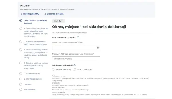 Formularz PCC-3 pdf do wypełnienia: Okres, miejsce i cel składania deklaracji. Wpisz datę, wybierz urząd i cel złożenia.