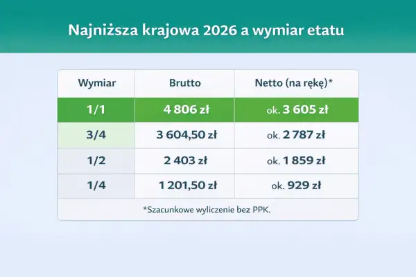 Tabela porównuje najniższą krajową 2026 z wymiarem etatu: 1/1 to 4806 zł brutto, 3/4 to 3604,50 zł, 1/2 to 2403 zł, 1/4 to 1201,50 zł.