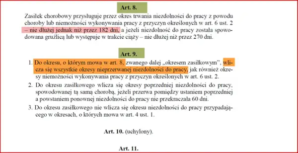 Zasiłek chorobowy przysługuje do 182 dni. Ponowne zwolnienie lekarskie po 182 dniach choroby jest możliwe, gdy przerwa między zwolnieniami nie przekracza 60 dni.